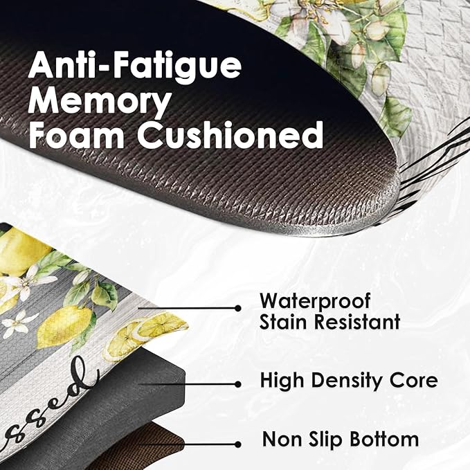 Arttown Yellow Lemon Anti-Fatigue Kitchen Rug Set of 2 Grey Black Farmhouse Vintage Wooden Cushioned Floor Standing Mat Waterproof Non-Slip Kitchen Mat and PVC Ergonomic Comfort Foam Rug