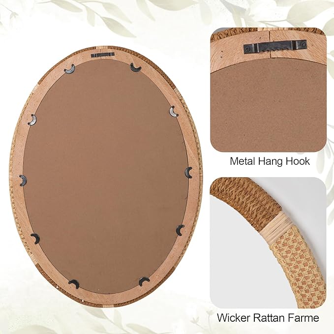 ULIKE Boho Oval Rattan Mirror, 22x30 Inch Rustic Farmhouse Wall Decor with Wicker Frame, Rattan Mirror for Nursery Bathroom Bedroom Living Room Entryway