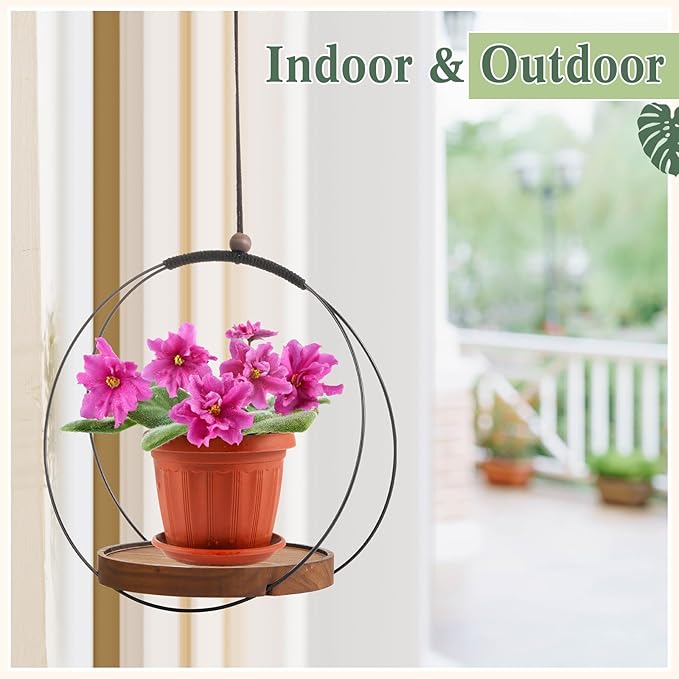 1 Pack Hanging Planters for Indoor Black Plant Hanger with Round Wood Base Large Indoor Hanging Plant Shelf Boho Holder Gift for Mom,housewarming (7.9 '',Round)