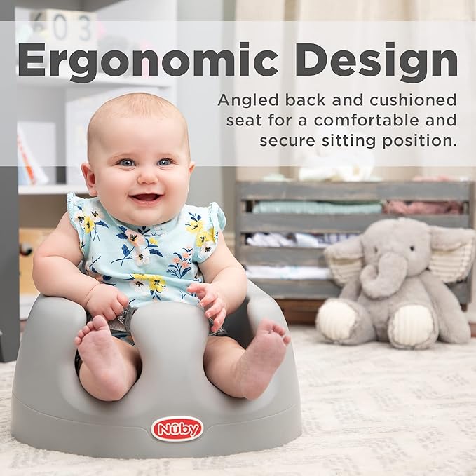 Nuby My Floor Seat - Portable Baby Chair with Soft Foam Cushion, Safety Harness, and High Back Design - 4+ Months - Gray