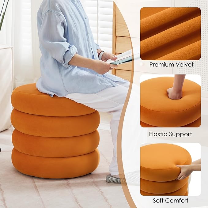 Compact Round Ottoman with Storage, Small Velvet Vanity Stool for Dorm, Modern Tufted Circle Ottoman with Removable Lid for Entryway and Lounge, Orange