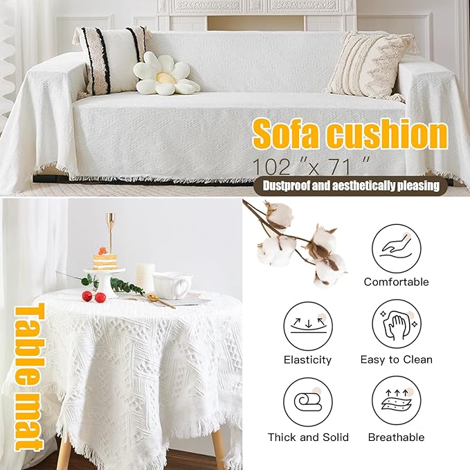 165 × 71 Inches Extra Large Outdoor White Picnic Blanket Bohemia Oversize Beach Blanket with Fringe Machine Washable Portable for Spring Summer Camping Beach, Grass Lawn, Park