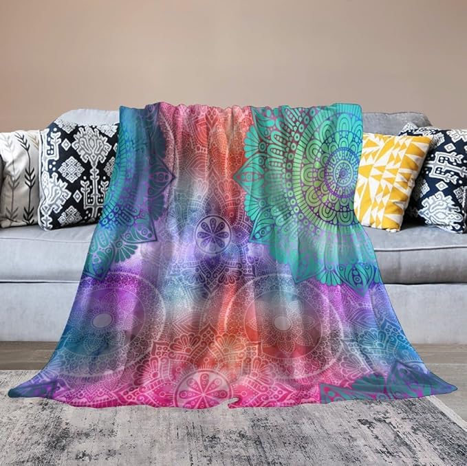 Mandala Throw Blanket Colorful Floral Flowers Bohemian Boho Blanket for Sofa Bed Couch Chair Or Dorm 60"x80"