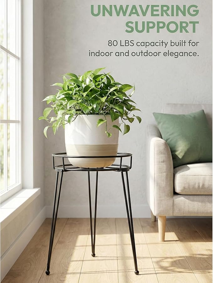 Midcentury Modern Metal Potted Plant Stand 18.7 inches Tall Flower Pot Holder Large Rustproof Iron Garden Container Heavy Duty Rack for Planter,Black (18.7 inches Tall Black)