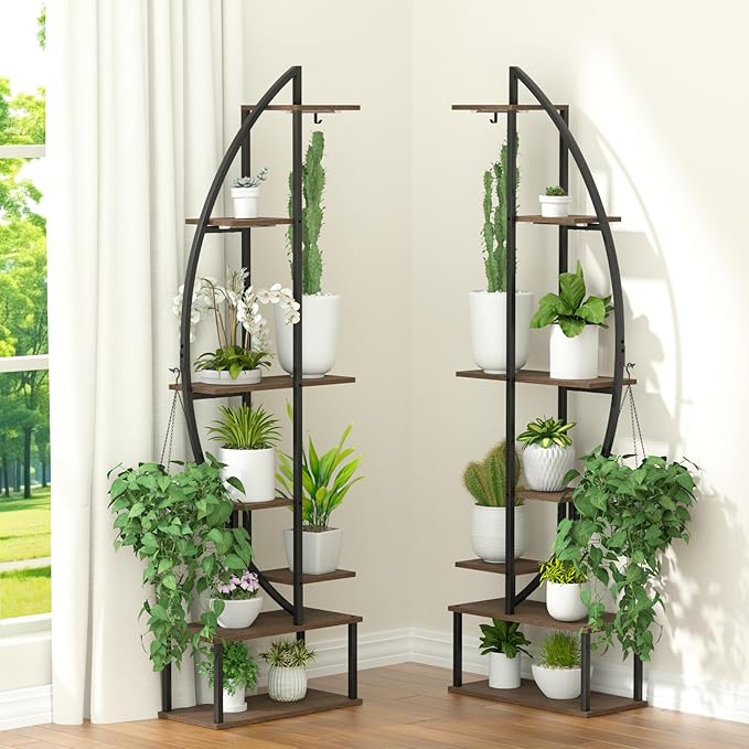 Plant Stand Shelf Rack Indoor with 6 Built in Grow Light, 7 Tiered 65" Tall Black Large Lighted Half Moon Curved Plant Stand for Indoor Growing, 2 Pack Arch Sturdy High Herb Flower Shelving