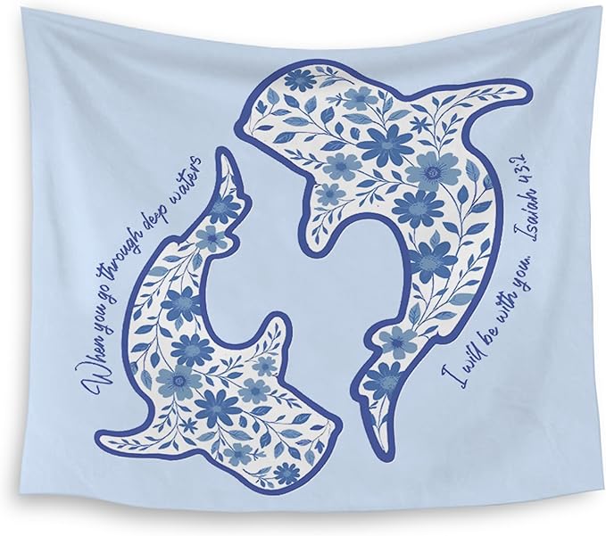 HUGANE Whale Shark Christian Tapestry, Isaiah 43:2 Bible Verse Tapestry Wall Hanging, Religious Bible Scripture Wall Blanket Backdrop Decor for Home Bedroom Living Room, 50x60 Inch,Color-B