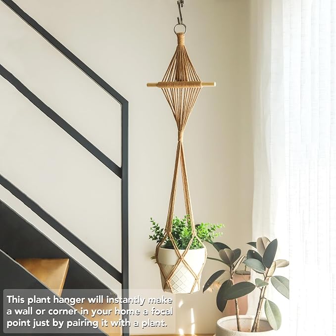 Wooden Dowel & Diamond Macrame Plant Hangers 2 Pack 39 Inch, Handwoven Cotton Rope Plant Holder with S Hooks, Boho Home Decor for Indoor Plants for up to 10in Pot (Caramel Wood Hanger)