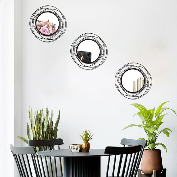 3 Set 9.5 Inch Black Circle Mirrors Wall Decor Iron Frame Wire Mirror Metal Circular Mirror Home Decor Hanging Mirrors for Room/Bedroom/Bathroom/Entryway