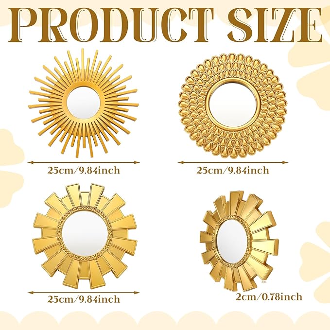 3 Pack Gold Sunburst Mirrors for Wall Decor Circle Flowers Mirrors Decorative Gold Hanging Wall Art Flowers Mirror for Home Living Dinning Room Bedroom Bathroom Boho Decoration Art(Sunburst)