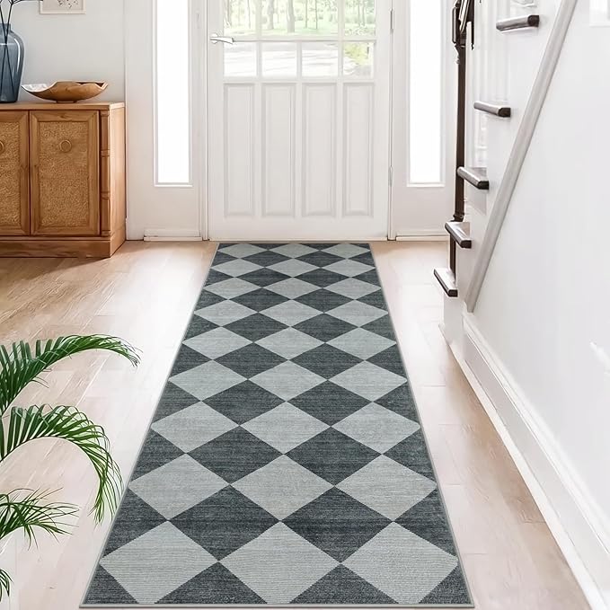 Beeiva Checkered Print Hallway Runner Rug 2.5x8, Ultra Thin Kitchen Runner Rugs Non Skid Washable 8ft, Moroccan Plaid Design Floor Carpet for Entryway Bedroom Bedroom, Gingham Geometric Home Decor