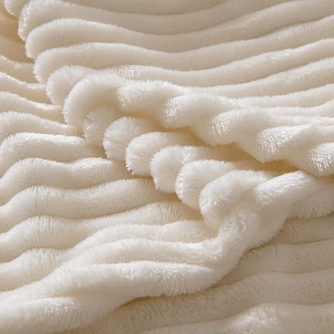 MIULEE Fleece Blanket King Size 90"x108" 300GSM Super Soft Lightweight Plush Striped, Cream White Warm Cozy Breathable Ribbed Blanket for Bed/Sofa/Couch