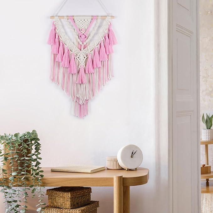 HVEST Pink Macrame Wall Hanging Woven Boho Wall Art Handmade Woven Tassel Tapestry, Bohemian Home Decor for Bedroom Living Room Apartment Nursery Backdrop