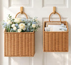 Set of 2 Woven Hanging Wicker Basket for Front Door, Handmade Rattan Hanging Wall Baskets for Garden Farmhouse Home