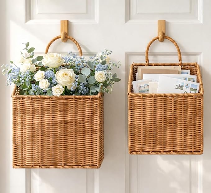 Set of 2 Woven Hanging Wicker Basket for Front Door, Handmade Rattan Hanging Wall Baskets for Garden Farmhouse Home