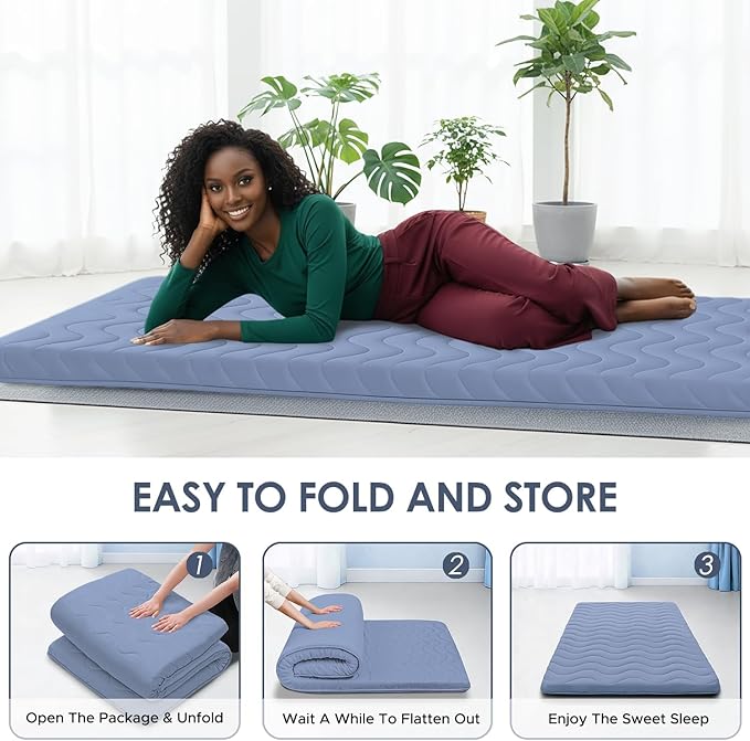 Japanese Floor Mattress, 100% High Density Comfortable Foam, 4" Thicken Foldable Mattress Tatami Mat Sleeping Pad, Ideal for Comfort and Support, Kids Floor Lounger Pillow Bed Sofa, Blue, Full
