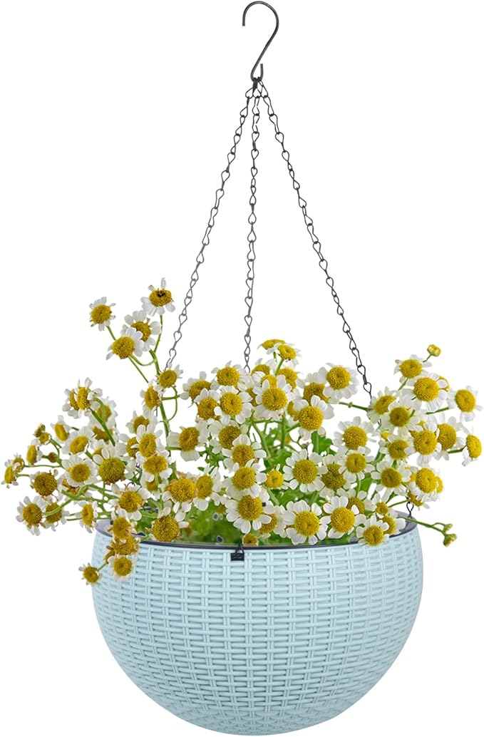 Vencer 11 Inch Round Resin Rattan Hanging Planters,Self Watering Hanging Basket for Indoor Outdoor Plants,Hanging Flower Pots with Drain Hole and Metal Chain,Water Indicator,Light Blue,VF-A15-B
