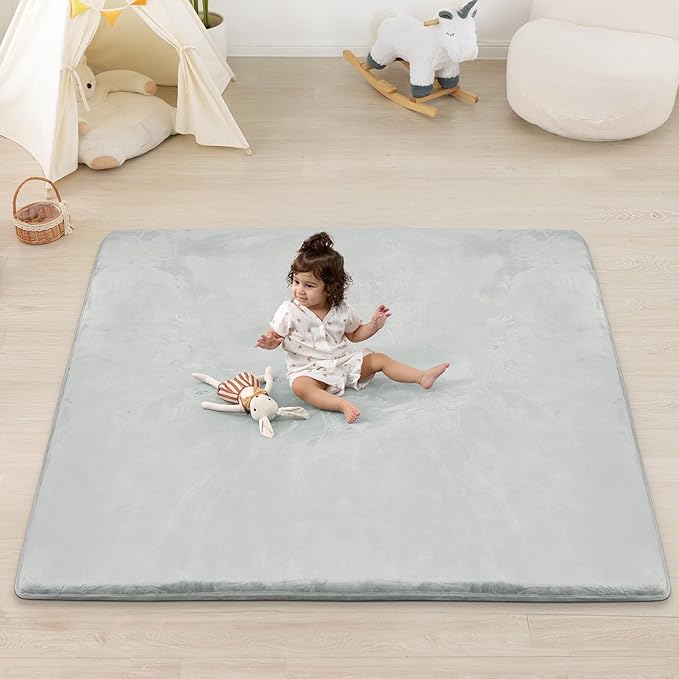 1.5" Thick Baby Play Mat for Floor, 79x79 Playpen Mat, Pro Soft Flannel Foam Mats Toddler Infant Kids Crawling for Nursery Rug Playroom Living Room Waterproof Easy Care Non-Slip (Light Grey)