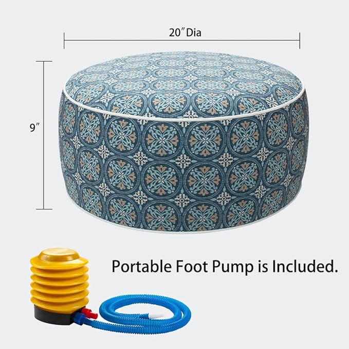 Magpie Fabrics Indoor/Outdoor Inflatable Stool Ottoman Pouf, Water Repellent Round Footrest Footstool with Foot Pump D20 xH9, Portable for Patio Garden Travel Camping or Home, Morgan Medal Blue