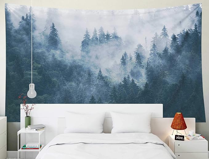 EMMTEEY Misty Forest Tapestry,Tapestries Décor Living Room Bedroom for Home Inhouse by Printed 60x50 Inches for Foggy Mountain Landscape with fir Forest in Hipster Vintage Retro Style