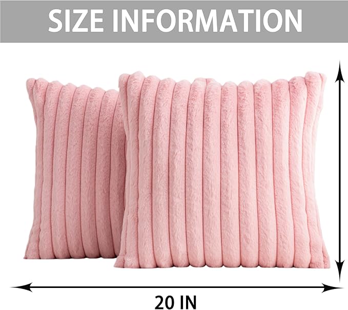 Pack of 2 Faux Fur Christmas Throw Pillow Covers 20x20 Inch, Soft Plush Striped Neutral Couch Pillow Cover, with Velvet Back Modern Home Decor for Sofa Living Room Couch Bed Pink