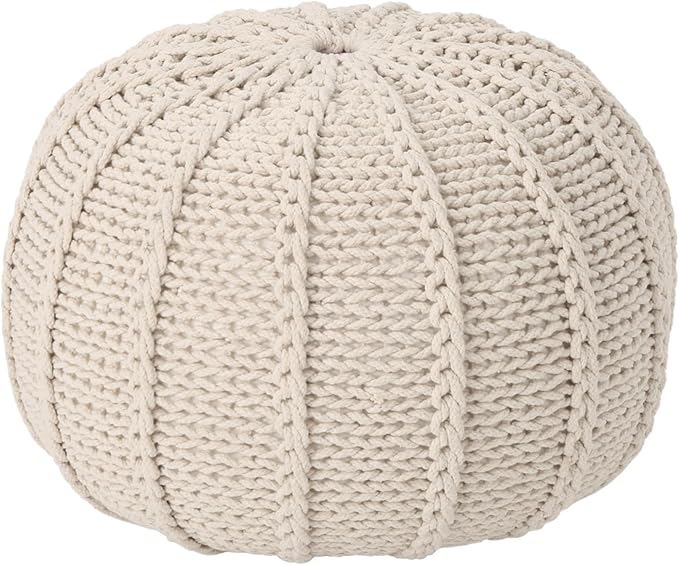 Knitted Pouf Ottoman - 19.5" Round Cotton Footrest - Beige - Cozy Seat & Home Decor - Versatile Storage Ottoman