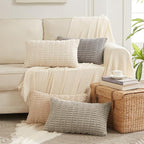 Fancy Homi 4 Packs Tan Decorative Throw Pillow Covers 14x24 Inch for Living Room Couch Bed Sofa, Beige Rustic Farmhouse Boho Home Decor, Soft Plush Striped Corduroy Square Cushion Case 35x60 cm