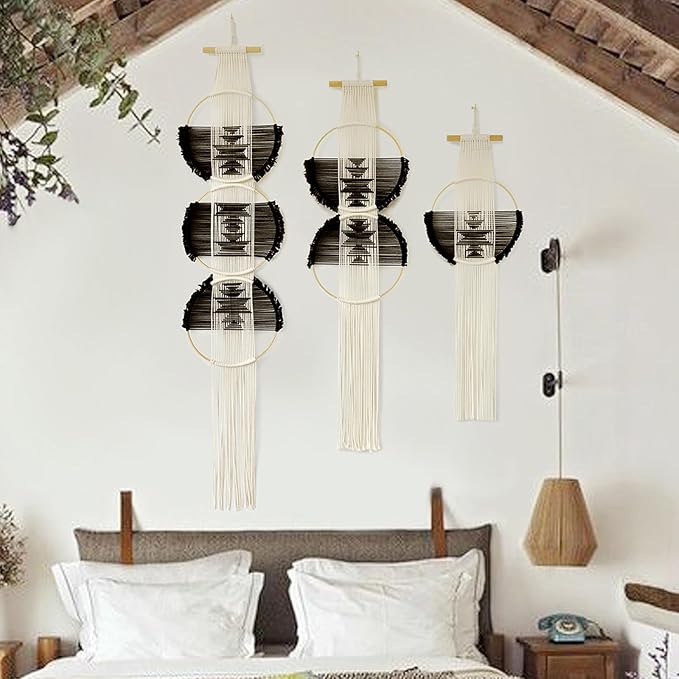 Flber Macrame Wall Hanging Combination 3 Pcs Beige and Black Handmade Woven Boho Home Chic Wall Decor Geometric Art Decor Bedroom Nursery Apartment Dorm Decoration Minimalistic Neutral Wall Decor