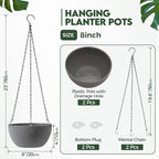 T4U 8 Inch Hanging Planters for Indoor Plants, 2 Pack Hanging Planter, Hanging Plant Pots with Drainage Holes and Chain, Hanging Basket Pots for Garden Home Porch Decor,Grey