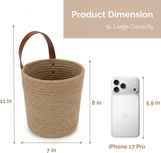 2Pack Natural Jute Hanging Baskets 7 * 8 in, Round Woven Wall Decor & Storage Planter for Plant Decor and Home Organization,Walls Basket for Bedroom, Living Room, Bathroom,Boho Decor (Jute)
