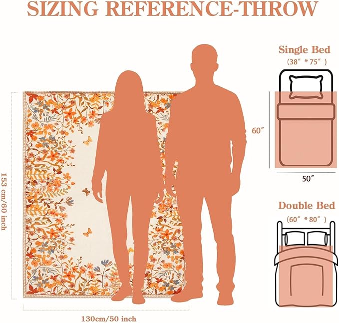 Lahome Floral Fleece Blanket for Women Girls Dorm Boho Decor, Small Throw Blanket for Couch Bed Chair Cover, Decorative Fleece Blanket Throws Mom Gift Spring Home Decor,Orange Wild Flower 50x60
