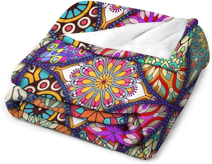 Boho Floral Throw Blanket Bohemian Colorful Mandala Flowers Print Theme Blanket for Sofa Bed Couch Chair Or Dorm 50"x60"