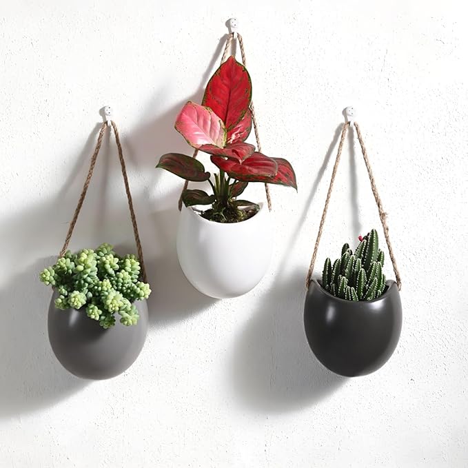 Set of 3 Ceramic Hanging Planters for Small Plants & Artificial Greenery, Wall Decor for Bathroom Living Room Bedroom Home Office Corridors