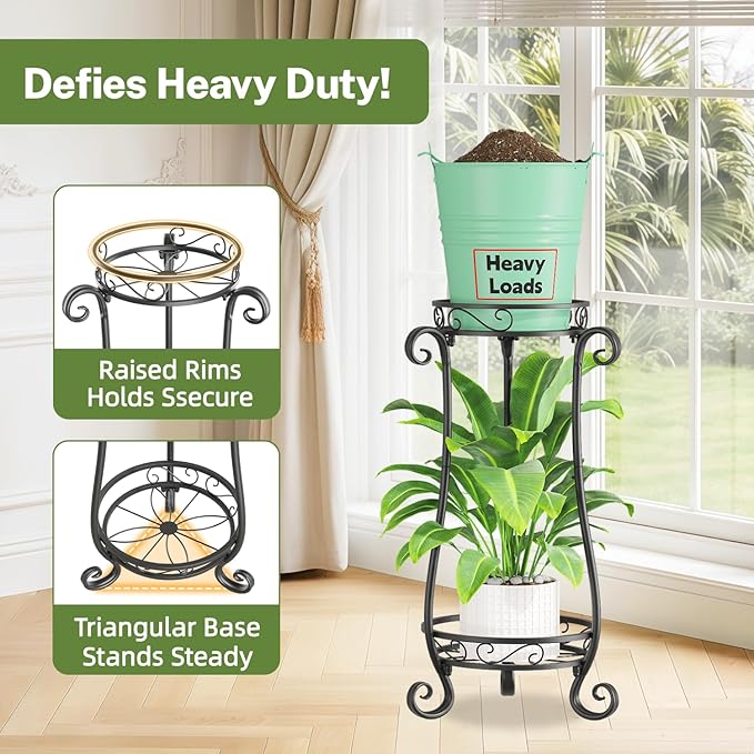 iDavosic.ly 2 Tier Metal Plant Stand Indoor Outdoor, Iron Corner Tall Flower Pot Holder Shelf, 27 Inch Vertical Heavy Duty Display Rack for Patio Porch Living Room Garden, Black