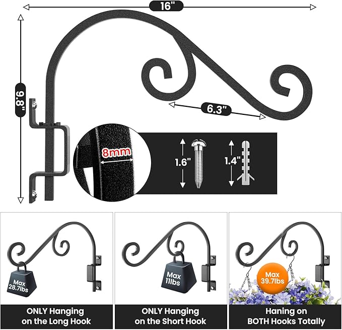 Swivel Plant Hangers Outdoor: 2 Pack 16 Inch Metal Hanging Plant Bracket Sturdy Wrought Iron Plant Hooks Indoor Wall Mount for Hanging Bird Feeders, Lanterns, Flower Baskets, Wind Chimes, Black