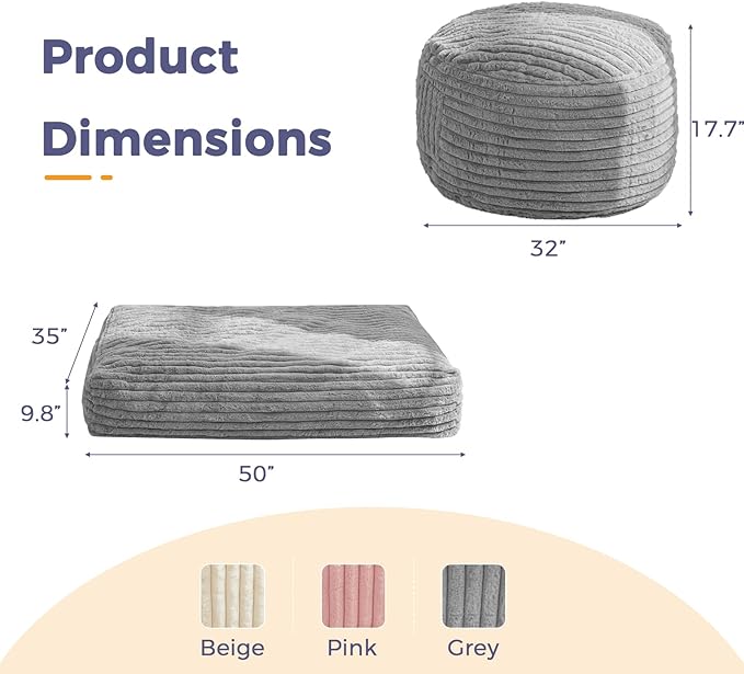 MAXYOYO Kids Bean Bag Chair Bed, Convertible Children Chair to Floor Mattress with Filler, Faux Fur Bean Bag Bed Stuffed Child Sofa Couch for Girl Boy Sleeping, Machine Washable Cover, Grey