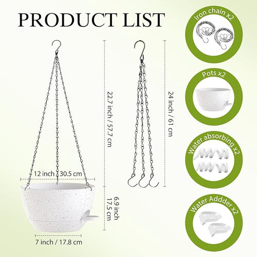 12 Inch Hanging Baskets 2 PC with Chains, Self-Watering Hanging Planters for Indoor Outdoor Plants, Plastic Hanging Flower Pots,Speckled White