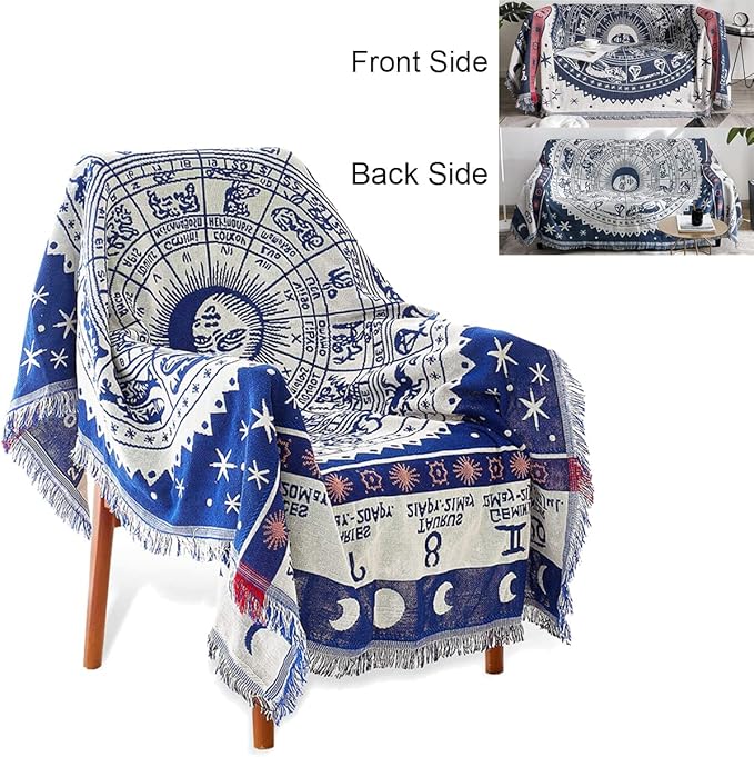 Boho Throw Blankets Woven Reversible Cotton Bohemian Tapestry Hippie Room Decor Witchy Astrology Zodiac Celestial Constellation Carpet Bed Recliner Chair Couch Sofa Cover Double Sided 50"x70"