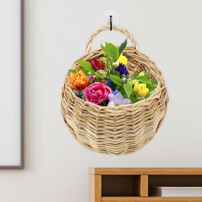 DOITOOL Wicker Wall Basket for Plants Rattan Hanging Planter for Indoor Outdoor Use Wall Flower Holder for Home Garden Decoration 2-Piece Set 7X9 Inches