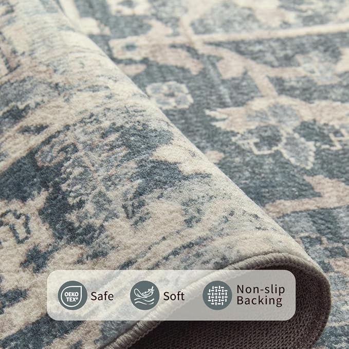 2'6''x8' Runner Rug, Washable Kitchen Rugs, Blue Boho Vintage Floral Hallway Runner, Non Slip Low Pile Area Rug Carpet for Hallway, Kitchen, Laundry Room and Bathroom(Blue 2.6x8ft)