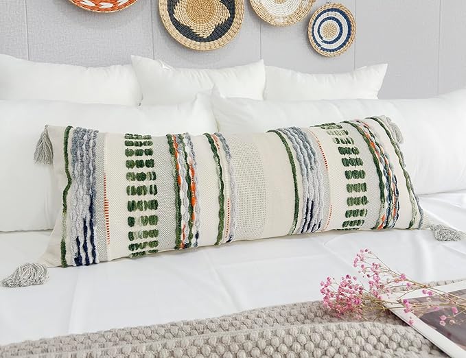 Chenille and Cotton Long Pillow for Bed, Striped Textured Boho Lumbar Throw Pillow Cover 12x36, Neutral Accent Decorative Extra Long Body Pillow Case for Couch, Sofa, Bedroom, Sage Green
