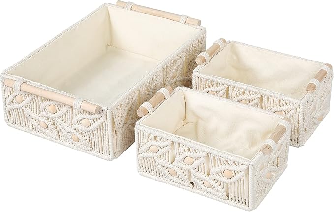 ANMINY 3PCS Macrame Storage Baskets for Organizing Boho Decor Baskets Storage Bins with Wood Handles Handmade Decorative Storage Boxes Desk Toilet Tank Bathroom Self Basket Organizer - Leaves w/Beads