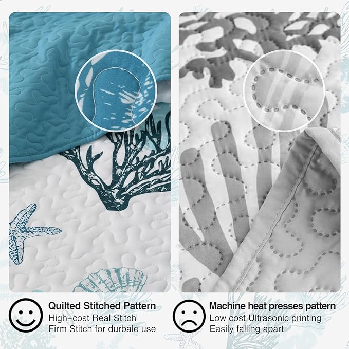 HORIMOTE HOME Coastal Quilt Bedding Set King Size, Reversible Blue Summer Beach Quilt Lightweight Ocean Nautical Comforter Tropical Bedspread Coverlet with 2 Pillow Shams for All Seasons (106"x96")