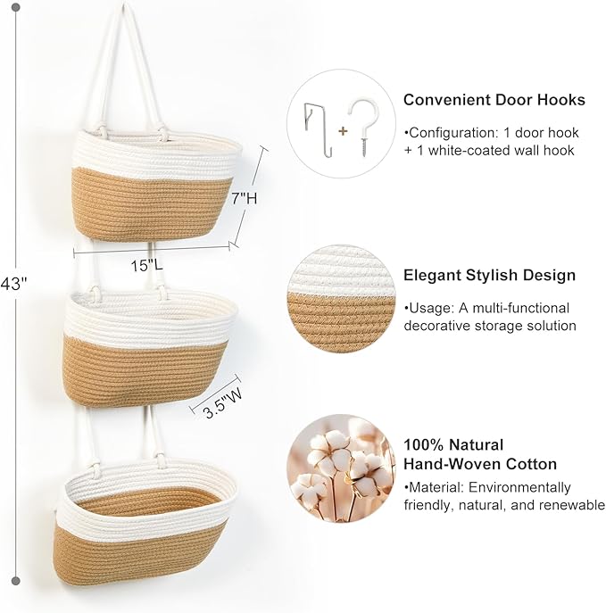 DULLEMELO Hanging Storage Basket for Organizing, 3-Tier Over The Door Organizer, Woven Wall Basket Decor Hanging Baskets for Storage, Versatile Storage for Every Room‌, White&Jute