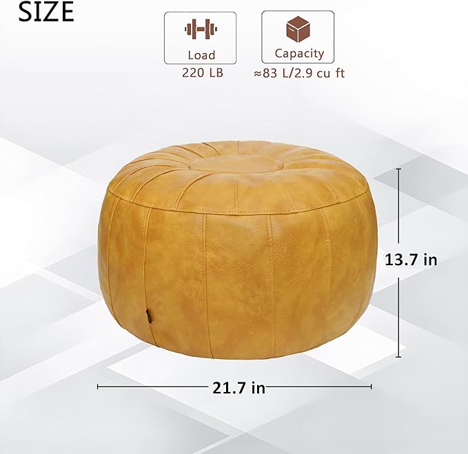 Thgonwid Unstuffed Moroccan Storage Pouf Foot Stool Ottoman Seat Handmade Faux Leather Bean Bag Floor Chair Foot Rest for Living Room, Bedroom or Balcony (Yellow)