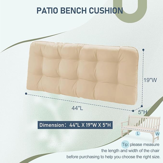 downluxe Outdoor Bench Cushion for Patio Furniture, Water Resistant Tufted Overstuffed Porch Swing Cushions, Thick Outdoor Loveseat Cushions, 44" X 19" X 5", Beige, Set of 1