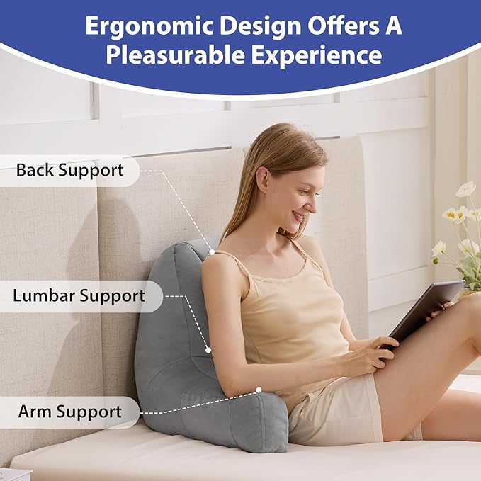 Reading Pillows for Sitting in Bed Adult, Back Pillow for Bed Sitting Up, Backrest Pillows with Shredded Foam for Adult&Teens, Support Pillow with Arms for Beds, Couch, Floor, 24in, Grey