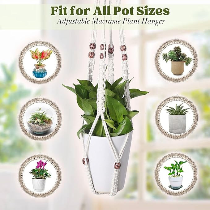 Flexzion 2 Pack White Macrame Plant Holder - 35 Inch Pot Hangers for Plants with C & S Hooks, Indoor Hanging Plant Holder with Woven Cotton Rope for Home Decor (Plant Pot Not Included)