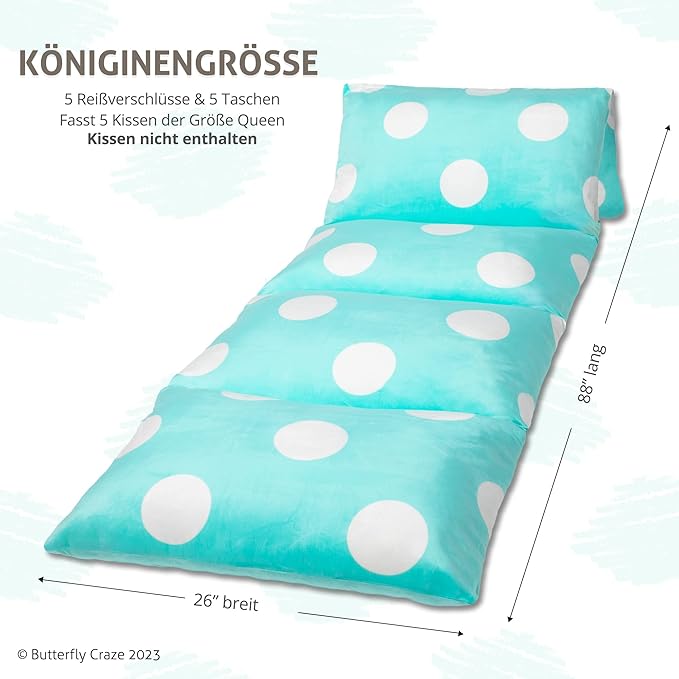 Butterfly Craze Floor Pillow Case, Mattress Bed Lounger Cover, Polka Aqua, Queen Size - Cozy Seating Solution for Kids & Adults, Recliner Cushion, Perfect for Reading, TV Time (Pillow Not Included)