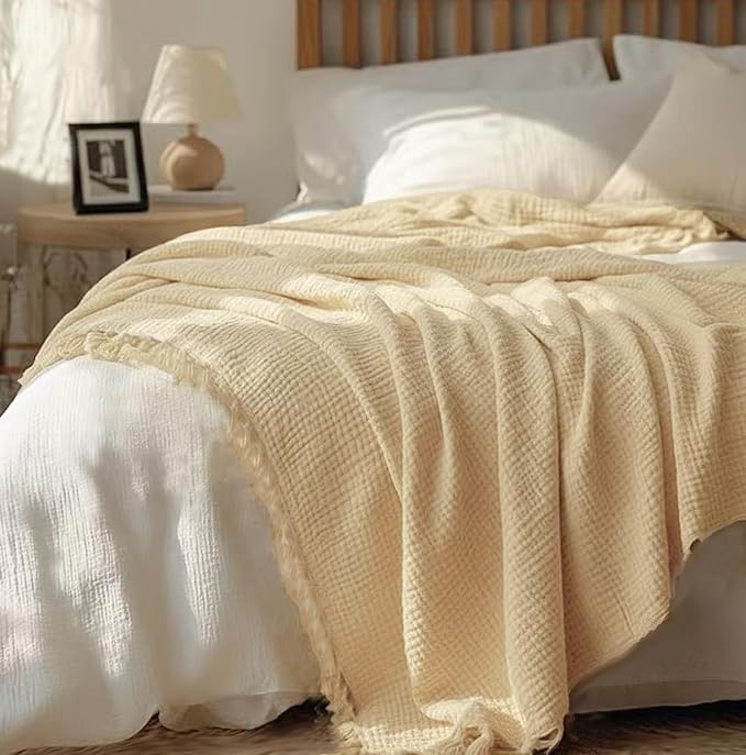 KyraHome Muslin Blankets for Adults Kids 60"x80",100% Organic Cotton Plant Dyed, Lightweight Breathable Gauze Cotton Throw Blanket for Couch, All Season (Shortbread/Creamy)