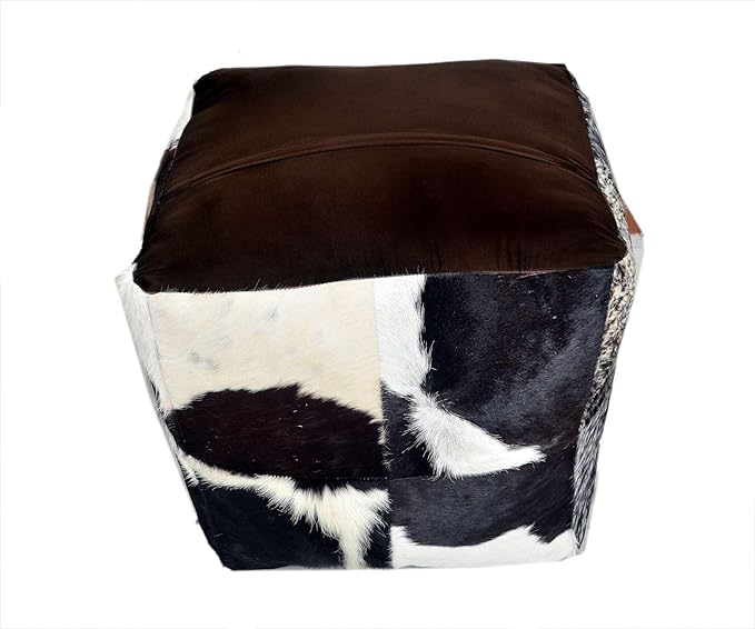 Unstuffed Premium Hair-on Leather Ottoman Pouf Cover, Boho Handmade Genuine Cowhide Square Footstool, Modern Cube Ottoman Footrest for Home Decor Living Room, Bedroom - 18X18 Inch, Black & White